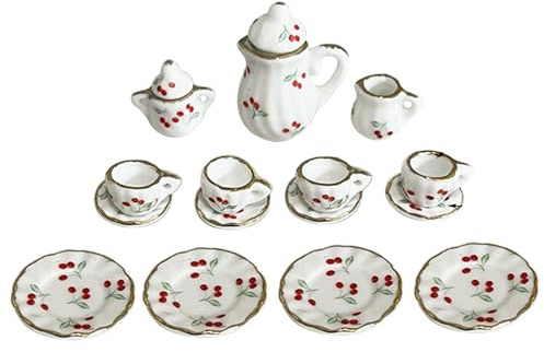 Accesorios de casa de muñecas en miniatura de 15 piezas, juego de té mini a escala 1/12, patrón de cerezas de copa de tetera de cerámica con accesorios de cocina de casa de muñecas de comedor de ribe