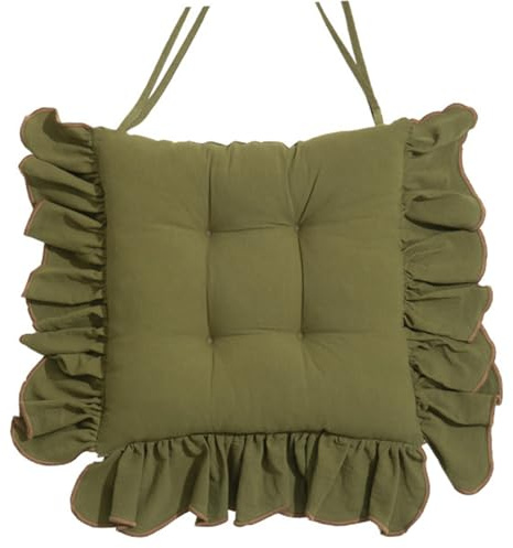 WLDOCA 2er-Pack Stuhlpolster mit Rüschen für Esszimmerstühle, Stuhlkissen aus Baumwolle mit Bändern, rutschfestes, weiches Vintage-Sitzkissen für die Bauernküche, 40 cm x 40 cm,Army Green