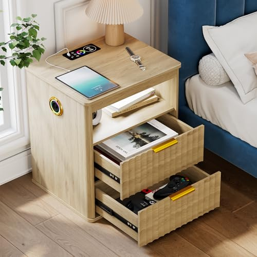 Gurexl RGB Bedside Tables with 2 Bluetooth Speaker,LED Nightstand with 3 in 1 Charging Station and Open Cupboard,Sofa Side Table with Human Sensor for Living Room,Bedroom Furniture,Study,Nature