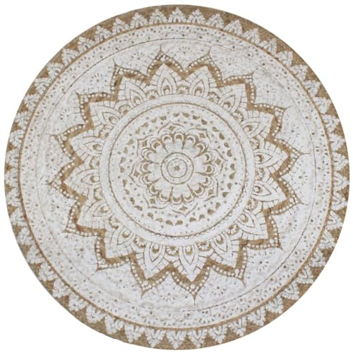 ULUYYUC Jute Teppich Rund 150 cm Handgeknüpft Mandala Natur Weiß Langlebiger Wohnzimmer Teppich Robust Für Schlafzimmer Esszimmer Balkon