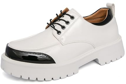 Färgblock for män Oxfordskor Patentlook Rund tå Lug Sula Snörning Halkfri for Business Office Casual(White,38 EU)