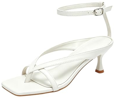 MGGMOKAY Sandalias tanga para mujer tacón kitten punta cuadrada con correa de tobillo, zapatos para ocio y fiestas,Blanco,38