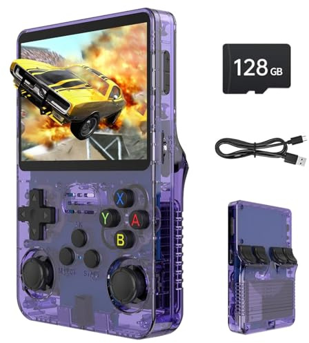 CEOFAVO R36S Retro Handheld Game Console, Retro Gaming Console with 3.5 Inch Screen, 128GB TF Card Built-in 20,000+ Classic Games, Portable Gaming Console with Linux System, 3500mAh Battery (Purple)