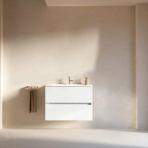 Feel Your Bath Mueble de Baño Lion 80 cm Blanco Brillo con Encimera Blanca Brillo, Lavabo, 2 Cajones Soft Close, Diseño Suspendido, Buen almacenaje y Capacidad práctica para el baño, Baño Moderno