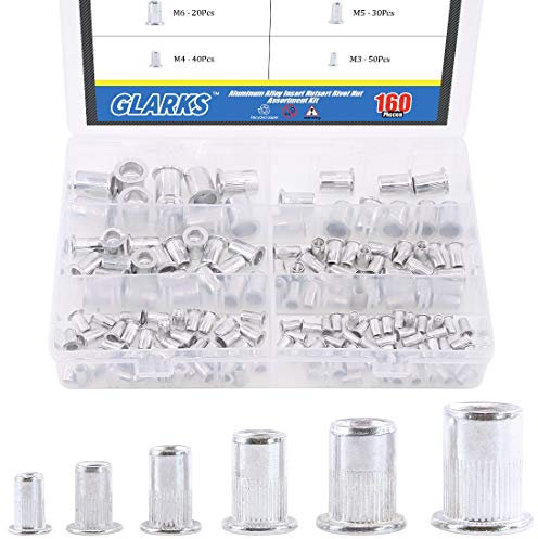 Glarks Lot de 160 écrous à rivets en alliage d'aluminium M3 M4 M5 M6 M8 M10 à tête plate