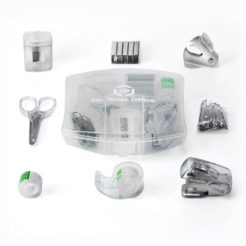 LD Products Clear Mini Office Supply Kit bärbart fodral med sax, pappersklipp, tejpdispenser, pennvässare, häftapparat och häftborttagare