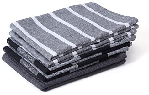 Encasa XO Paños y paños de Cocina de algodón Gris | Toalla de té de Tejido Plano y Tipo gofre | Juego de paños de Cocina | 70x45 cm | Reutilizable y de Secado rápido Juego de 5