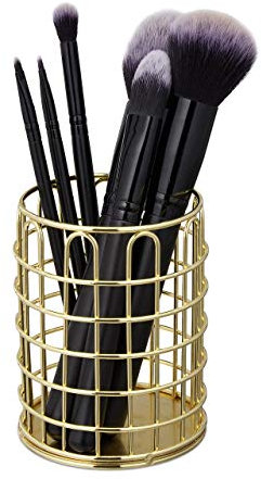 Relaxdays Stiftehalter Draht, rund, Pinselhalter Kosmetik, modern, Stiftebecher Schreibtisch, H x D: 10 x 8 cm, gold