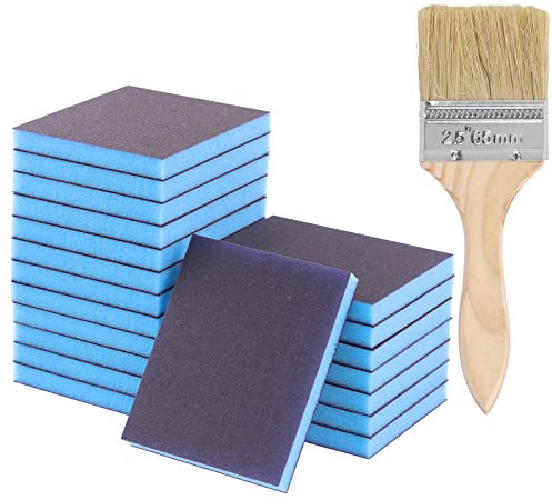 Glarks El kit de esponja de lijado de grano 180 incluye 20 bloques de lijado reutilizables y lavables de 120 x 100 x 12 mm, con 1 cepillo de pintura para madera, metal, pintura y paneles de yeso