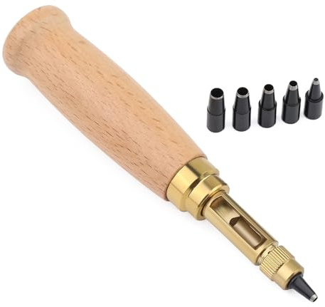 Mnuizu Adjustable Leather Hole Punch, 6 Tip Sizes Belt Hole Puncher, Paper Craft Hole Punch, Wood Handle Hole Punch Bookbinding Tool for Sewing Leather