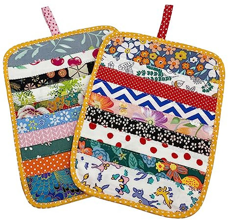 Jukway 2Pcs Beautiful Cotton Pot Holders for Kitchen, 100% Cotton Fabric Handmade Patchwork Table Mats Set, Heat Resistant Mat Pads with Pocket and Hanging Loop, Potholder Teapot Mitts Washable (2)