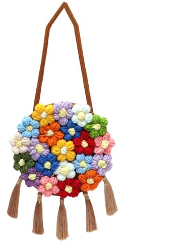 Gewebte Damen-Umhängetasche, blumentasche, fasching tasche, hippie tasche, magnetische Schnalle, Blumen-Geldbörse, gehäkelt, Crossbody-Tasche für Freizeit, Alltag, Partys, Abschlussball (Kreis Khaki)