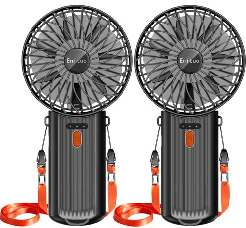 2 Pack Portable Fan Handheld Fan with Neck Lanyard, Battery Operated Electric Powered USB Rechargeable Fans, 6-15H Cooling, 180° Foldable 4 Speeds Mini Fans for Travel Outdoor Home Office, Black