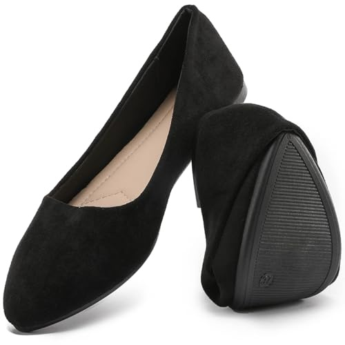 HEAWISH Women’s Black Flats Shoes Comfortable Suede Pointed Toe Slip On Casual Ballet Flats Dress Shoes Nude Flats(Black, US8.5)