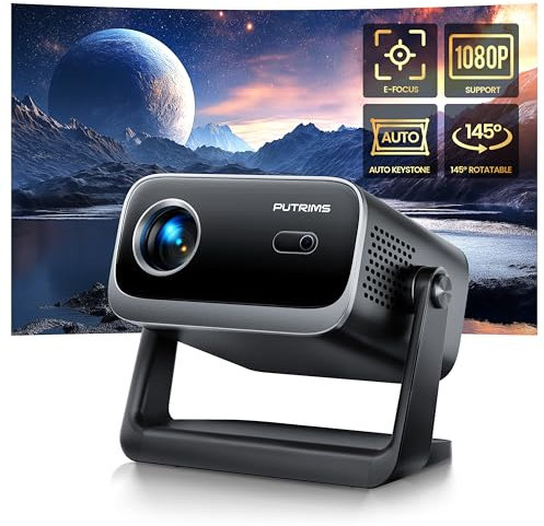 [Elektriskt fokus och auto nyckelsten] Mini-projektor med WiFi-Bluetooth, PUTRIMS bärbar 1080P stödfilmprojektor 145° roterbar 50% zoom helt förseglad liten projektor för telefon TV-sticka HDMI USB