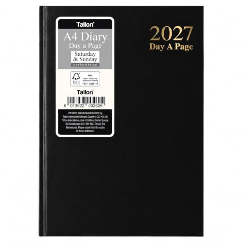 Tagesplaner 2025, A4, Schwarz, fester Rücken, Samstag und Sonntag, volle Seiten, Planer für Zuhause, Schule und Büro, 60 g/m² Papier