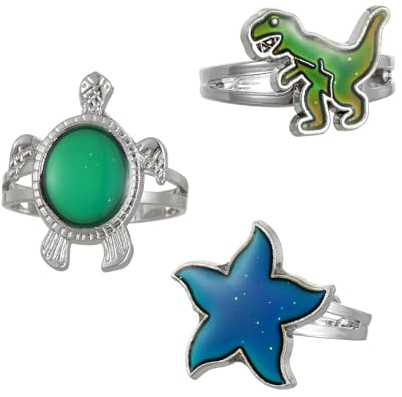 3Pcs Mood Rings Changing Color Ring Adjustable Size Starfish Dinosaur Turtle Rings Set Jewelry Christmas Gift (Turtle A)
