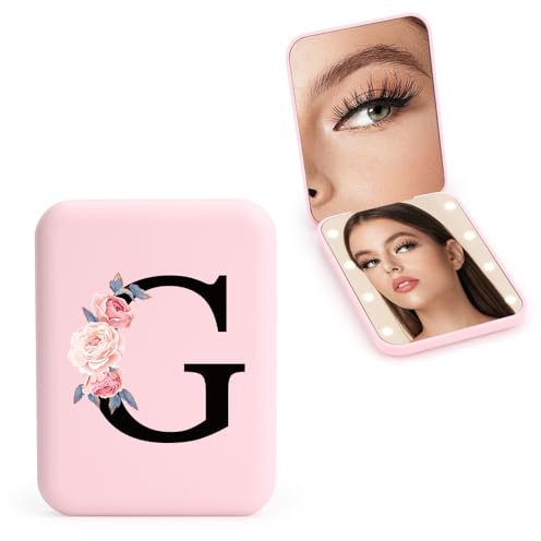 FIDWALL Personalizzato 1X/3X specchio ingranditore da viaggio, specchio portatile a LED, specchietto da borsetta, specchio tascabile iniziale, ragazza amica mamma insegnante damigella (G)