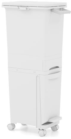 COSTWAY Mülleimer 3 Fächer, 32L Abfalleimer mit neigbarem Behälter, Schublade & Aufkleber, Tretmülleimer auf Rädern, 3 in 1 Mülltrennsystem mit Griff & Haken für Küche, Wohnzimmer (Weiß)
