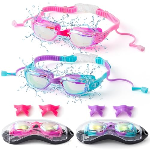 GwaOery Kids Swimming Goggles Adjustable Swim Goggles with Nose Clip & Earplugs Anti Fog Swim UV Protection Clear Vision Resist No Leaking Childrens for Toddler Boys Girls（Pink）