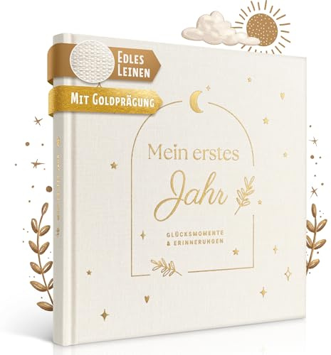 EULENTALER Babyalbum Mein erstes Jahr SCANDI | Von Pädagogen gestaltet | [Echtes Leinen & Goldprägung] handgemalte Illustrationen, allen Meilensteinen, Platz für Fotos, Babytagebuch Geschenk Geburt