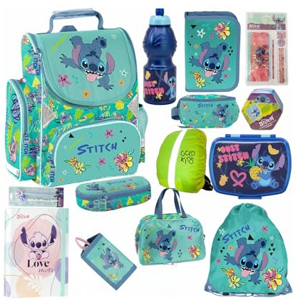 PASO- Schulranzen für Jungen und Mädchen, 3/5/7/14er-Set - Schul-Rucksack für Kinder mit Federmäppchen - Schuhbeutel - Stitch Motiv- 1-3 Klasse
