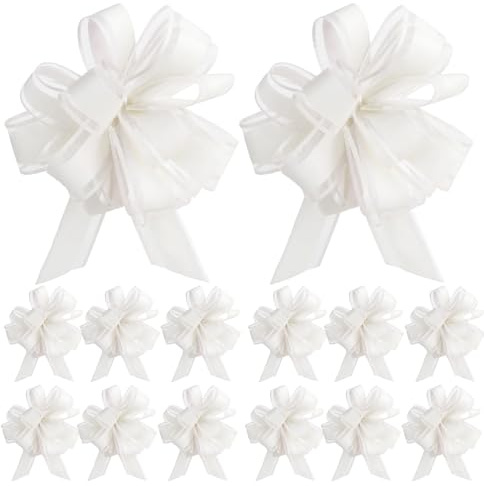 12 Stück Geschenkschleife, Geschenkschleife Groß Geschenkband Weiß, Schleifenband Weiss Geschenk Schleife Ziehschleife 11 cm, Dekoschleifen für Geschenke, Auto Dekoration, Hochzeit und Geburtstag