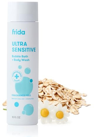 Frida Baby Unscented Fragrance-Free Bubble Bath + Body Wash, Oat & Chamomile Toddler & Baby Body Wash for Sensitive Skin, Dermatologist Tested, Tear-Free, Hypoallergenic, Safe for Skin, 10oz