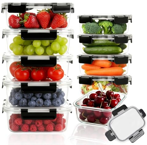 10 Pack Glass Storage Containers with Lids, Reusable Glass Meal Prep Containers for Lunch,1050ml & 370ml Pantry Organizers and Storage,Glasses Lunch Boxes with Lid for Freezer/Oven Safe, Leak Proof