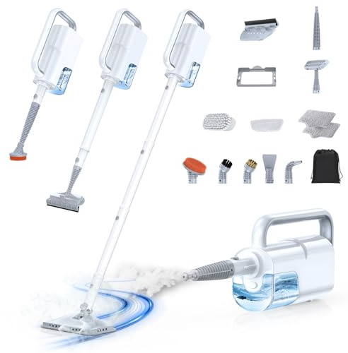 10-in-1 Steam Mop with Detachable Handheld Steamer,350ml Tank, 10s Heat-Up, 248°F Steam Cleaner, 2-Level Control and Swivel Head for Floor,Carpet,Tiles, BBQ grill,Car Accessories Clean White