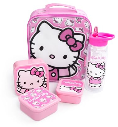 Hello Kitty Bolsa de almuerzo rosa para niñas con diseño de gatitos | Recipiente térmico para alimentos con botella y 3 compartimentos para snacks | Lonchera escolar con cierre de cremallere