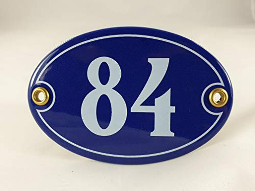 Emaille Hausnummer Schild Nr. 84, oval, Blau-Weiß mit Schrauben und Dübel Handarbeit