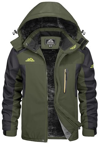 KEFITEVD Herren Winterjacke Warm Fleece Winter Jacke Thermojacke Softshell Jacke mit Kapuze Skijacke Snowboarden Wandern Männer Funktionsjacke Dunkeloliv 2XL