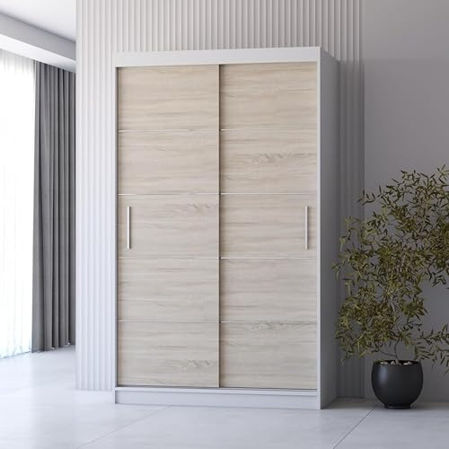 Fabryka Mebli Idźczak Kleiderschrank, Wohnzimmerschrank - Sonoma, Weiß Schwebetürenschrank, Schlafzimmerschrank - ‎61 x 120 x 200 cm - Schrank für Schlafzimmer, Wohnzimmer, Garderobe, modern