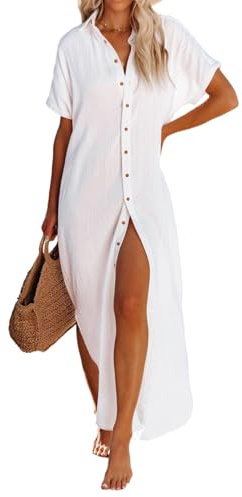 Dokotoo Swimsuit Bathing Suit Cover Up for Women Swimwear 2026 Fashion Summer Dresses Button Down Long Kimonos Cardigan Beach Vacation Clothes Short Sleeve Side Split Casual Solid Coverups White M