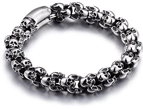 Beydodo Armband Herren Silber 22.5CM, Bettelarmband Edelstahl Totenkopf Gliederarmband Breit 12MM Partnerarmbänder Männer Armband Silber für Charms
