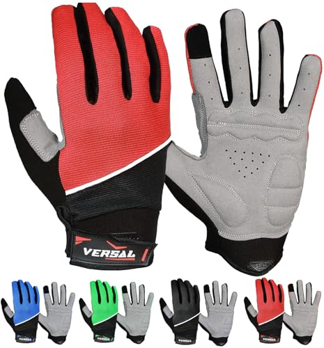 VERSAL Full Finger Cycling Gloves Gel Padded Mountain Bike Gloves Touchscreen Breathable MTB Gloves Bicycle Biking Riding Gloves for Men/Women (L, Red)