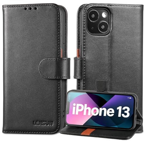 LENSUN Echtleder Handyhülle für iPhone 13 5G, RFID Schutz - Schwarz
