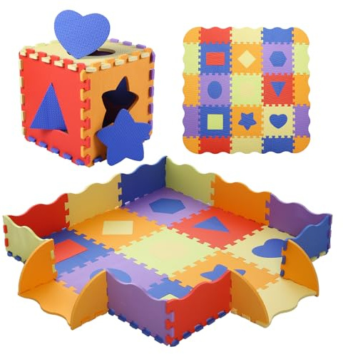 Tamiplay Foam Play Mat for Kids，25Pcs Square Interlocking Puzzle Floor Mat，Baby Play Mat Floor Mat Foam Puzzle Playmat for Toddlers with Fence（Shape-CSH028