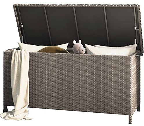 Grand patio Rattan Auflagenbox 480 Liter Gartenbox mit Deckel und Gasdruckfedern, UV-beständig Aufbewahrungskiste mit Zwei Radern, Leicht Bewegen, Kissenbox für Garten, Balkon
