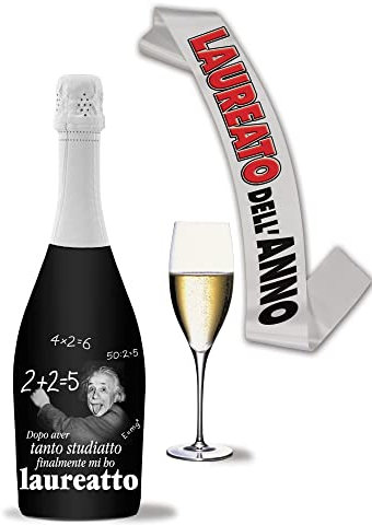 Bottiglia di Spumante Extra Dry stampata in tutta la sua circonferenza per l'amico che si laurea con fascia premio per il Laureato dell'anno