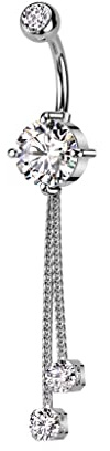 Pierced Owl 14GA 316L Stainless Steel Double Jeweled with Double CZ Crystal Chain Dangling Belly Button Ring (Silver Tone)