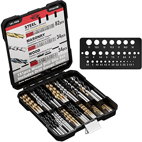 TopsTools 151pcs TT151TW 1mm-10mm Mix Steel Masonry Brad Point Drill Bits | Mixed HSS, carbide masonry and brad-point wood bits provide durable drilling across metal, masonry, wood and plastic