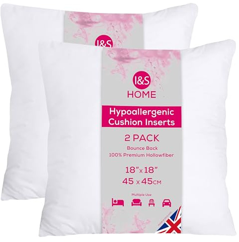 I&S Home Cushion Inserts 45cm x 45cm (18x18) Square Cushion Inner Pads - Bounce Back Cushion Filler - Hypoallergenic Scatter Cushions for Sofa and Couch - Pack of 2