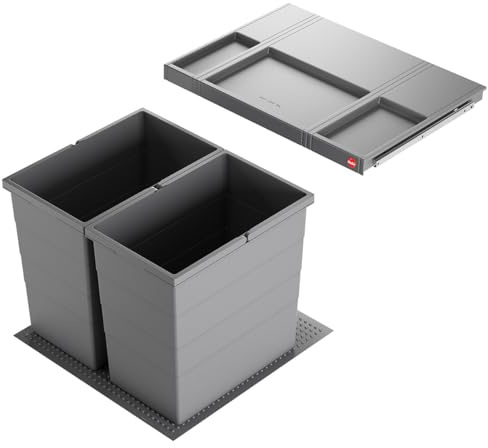 Hailo Abfallsammler 3301671 Einsatz | Allegro Abfalleimer 2fach flexiebel | Einbau Mülleimer passend in 60 cm Schrankauszug | Antirutschmatte Inneneimer und Deckel Höhe 430 in Kunststoff Dunkelgrau