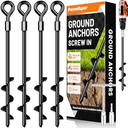 Ground Anchors Screw in Trampoline Anchors Heavy Duty Ground Anchors,Tent Stakes for Camping Tent, Trampoline, Canopies, Carports, Sheds, Swing Sets, Black Anti-Rust Coating for High Wind (4 X 14)