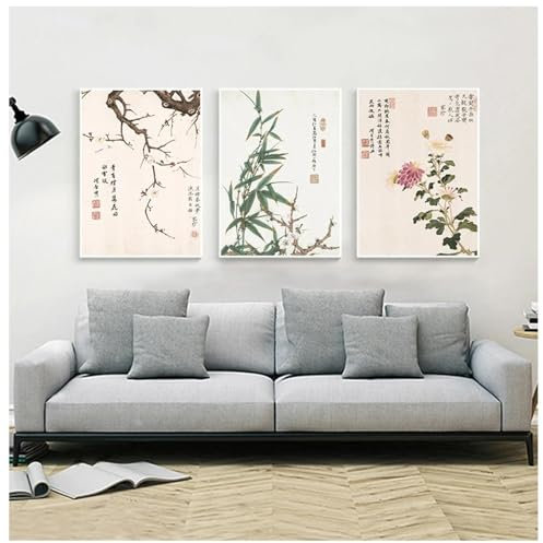 Vintage-Kunst, chinesischer Stil, Meilan-Bambus und Buchstaben, Poster, Druck, Heim-Leinwandgemälde, Bild, Wandkunst, Dekoration, Kunstwerk, 70x90cm (28x35 Zoll), 3xungerahmt