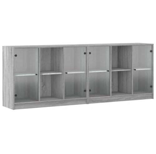 Makastle Bücherregal mit 12 Fächern, Würfelregal Aufbewahrungsregal Bücherschrank Standregal Regal mit Türen, DVD-Regal, Zur Aufbewahrung von Büchern, Kleidung, Grau Sonoma 204x37x75 cm