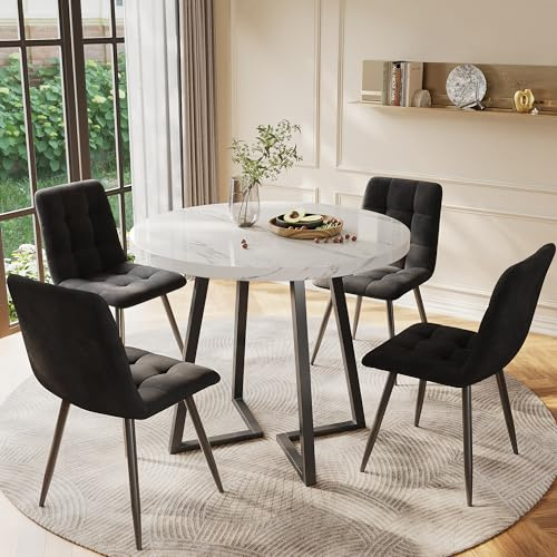 NNJN Esstisch-Set (5-teilig),Esstisch-Set mit 4 Stühlen,runder Küchentisch mit 80 cm Durchmesser,weiße MDF-Tischplatte,Samt-Esszimmerstüh (Schwarz Metallbeinen+Schwarz Esszimmerstühle)