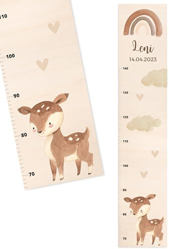 Bärenfreunde® - Personalisierte Messlatte Kind Holz zum Kleben oder Aufhängen - Skala 70-140cm - Süße Dekoration für Baby- & Kleinkinderzimmer (Kinder 70-140cm, Reh)